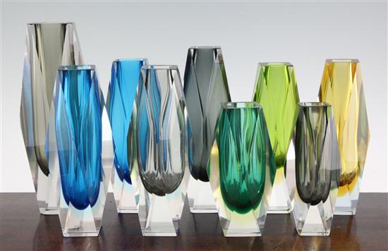 Nine Murano Sommerso and coloured glass faceted vases, possibly Mandruzzato, 1960s-70s, 16cm - 25.5cm